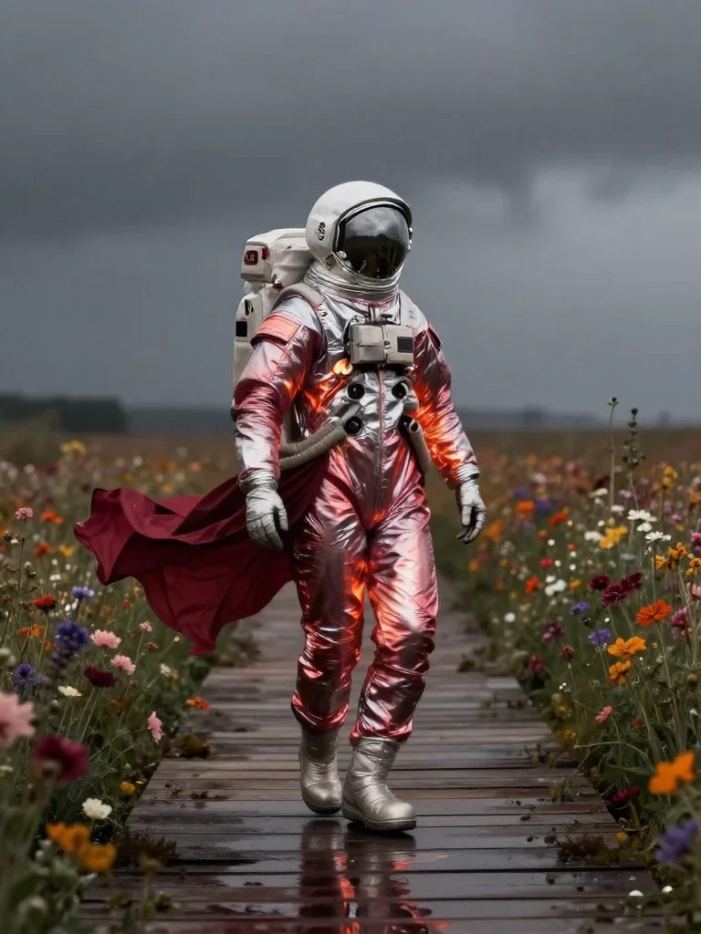 an astronaut in a reflective bodysuit among wildflowers mid-turn with fabric catching the light, on a storm-washed board