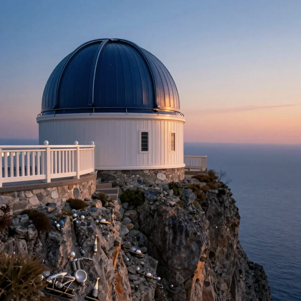 a cliffside observatory during golden hour, museum-quality still-life photography, soft volumetric light, indigo and pea