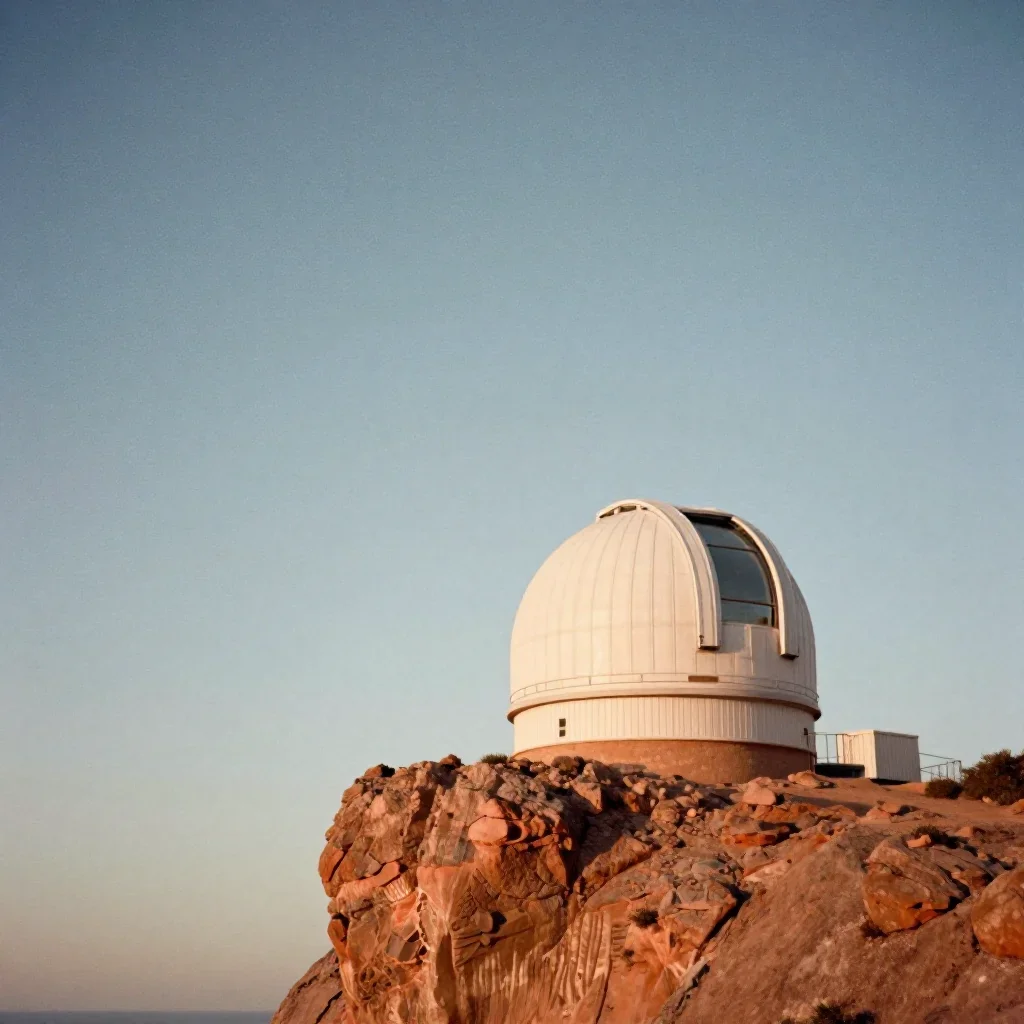 a cliffside observatory beneath a star-filled sky, quiet science-fiction concept art, subtle film grain, terracotta and 