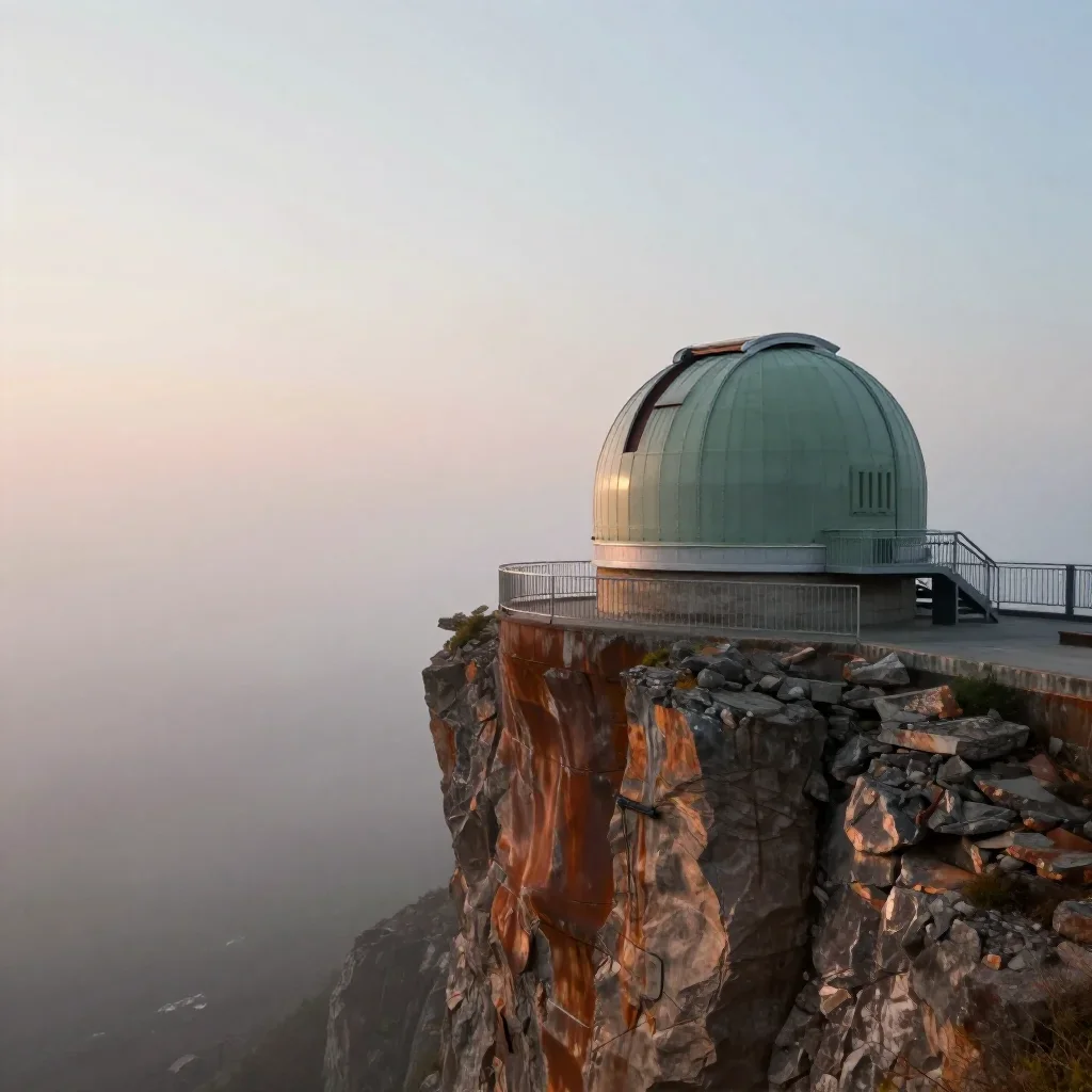 a cliffside observatory under soft dawn fog, dreamlike fine-art landscape photography, calm negative space, rust and sag
