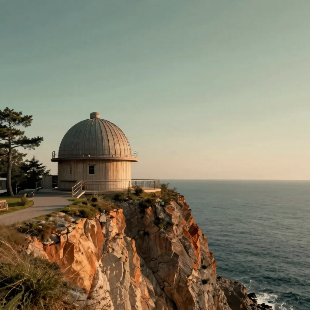 a cliffside observatory in a gentle sea breeze, Japanese woodblock-inspired editorial art, calm negative space, rust and