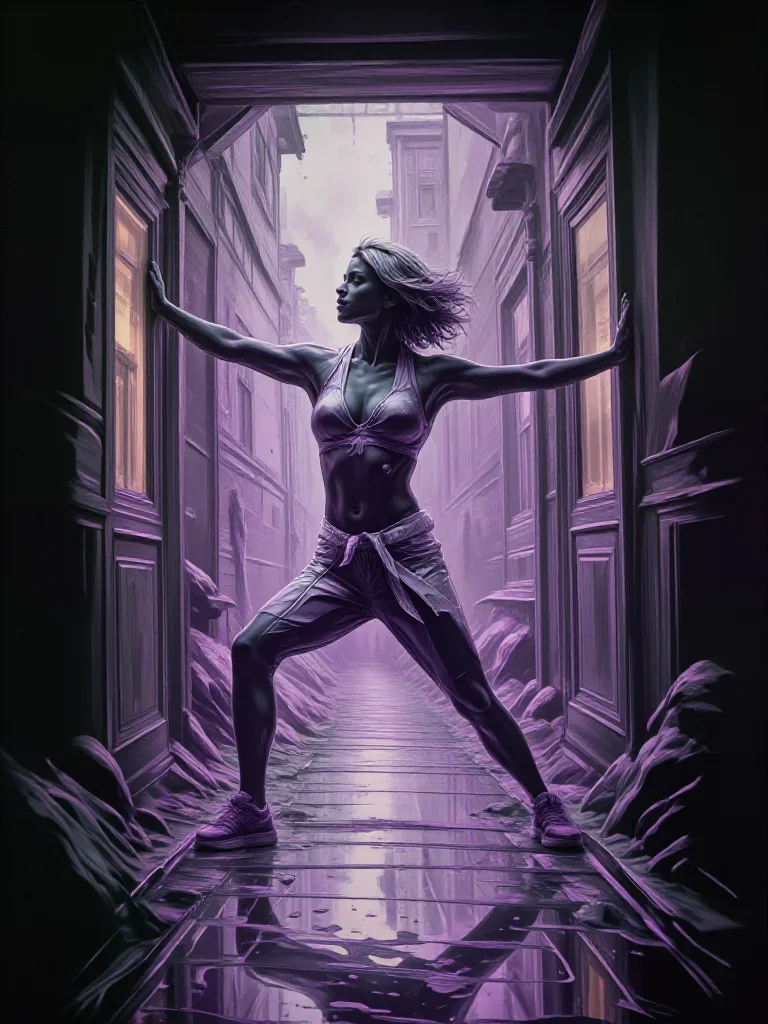 a fitness creator stretching in a sunlit loft in a bold, open-armed welcome, in a rain-slick neon alley, editorial glamo