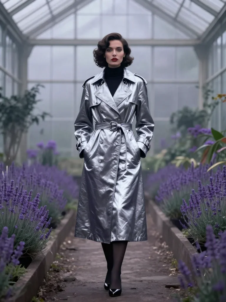 a noir detective's femme fatal muse in a trench coat standing tall with hands in pockets, in a greenhouse humid with mis