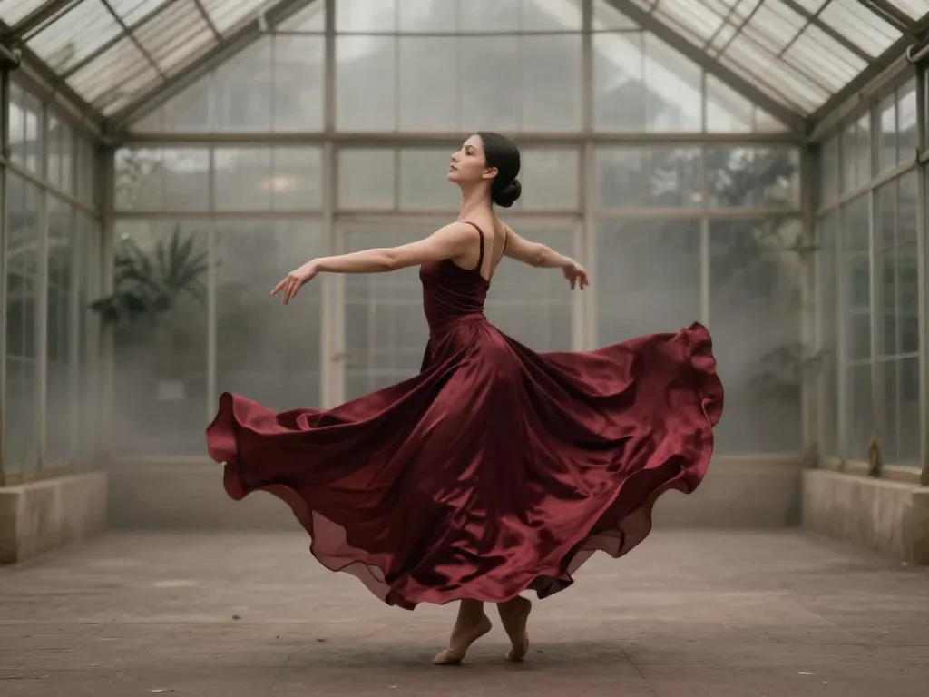 a dancer mid-spin in a silk maxi dress in a dramatic three-quarter profile, in a greenhouse humid with mist, Vogue-style
