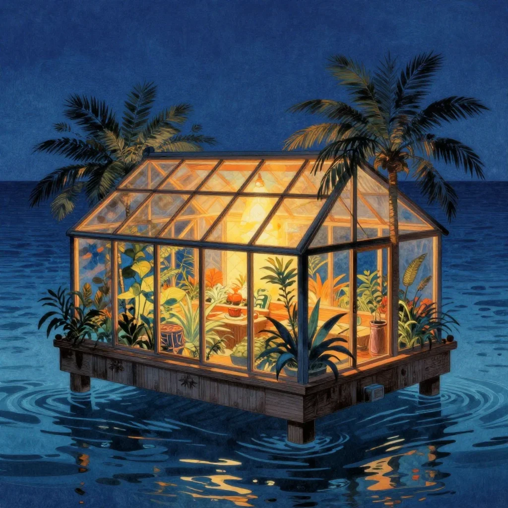 a floating botanical conservatory in a gentle sea breeze, Japanese woodblock-inspired editorial art, atmospheric depth,