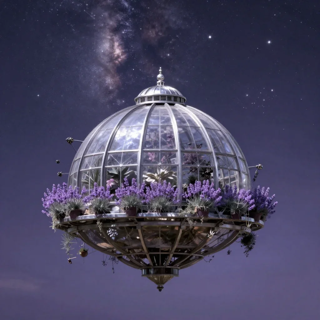 a floating botanical conservatory beneath a star-filled sky, quiet science-fiction concept art, calm negative space, lav