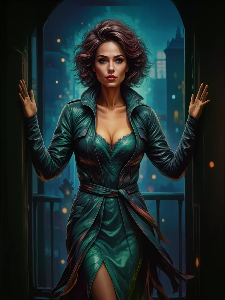 a noir detective's femme fatal muse in a trench coat in a bold, open-armed welcome, in a blue-hour city apartment, high-