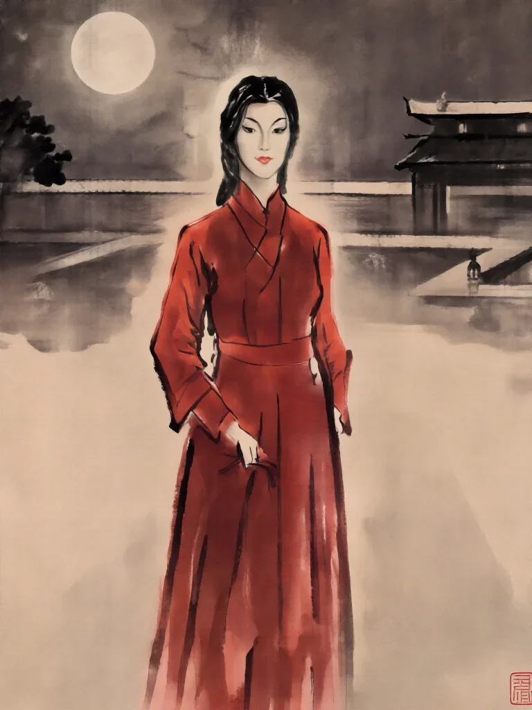 a spectral fox-spirit woman in an ink wash standing tall with hands in pockets, in a moonlit palace courtyard, neo-noir 
