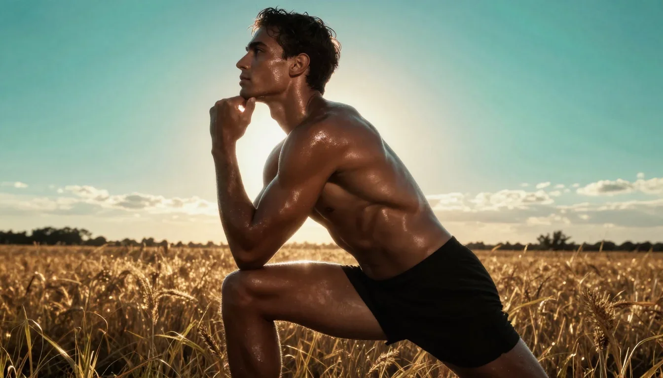 a chiseled athlete in dramatic rim light, oiled skin in a low lunge with a lifted chin, in a backlit golden-hour field,