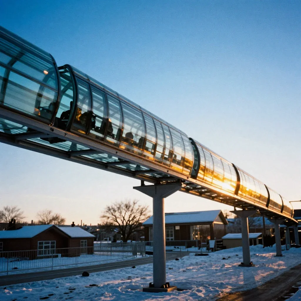 a glass monorail in crisp winter sunlight, museum-quality still-life photography, subtle film grain, cobalt and amber pa