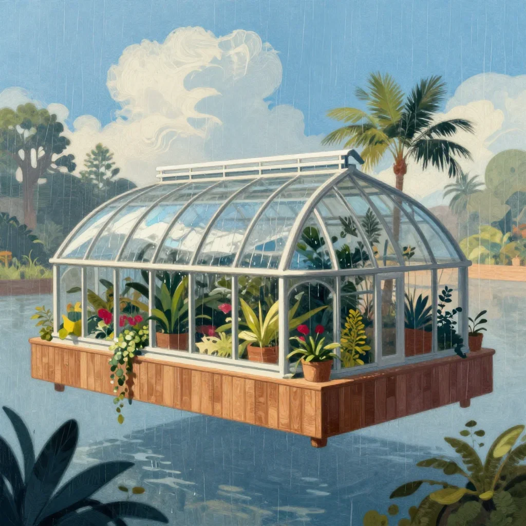 a floating botanical conservatory after warm summer rain, modernist poster illustration, subtle film grain, ice blue and