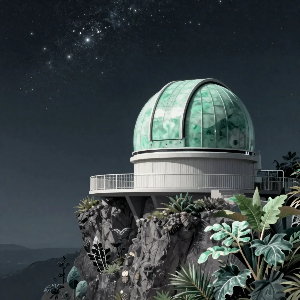 a cliffside observatory beneath a star-filled sky, contemporary botanical illustration, clean natural textures, jade and