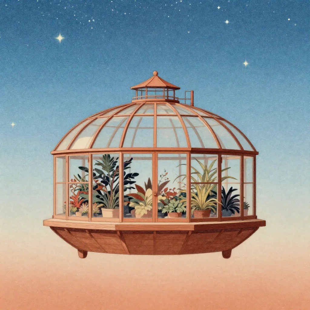 a floating botanical conservatory beneath a star-filled sky, Japanese woodblock-inspired editorial art, restrained color
