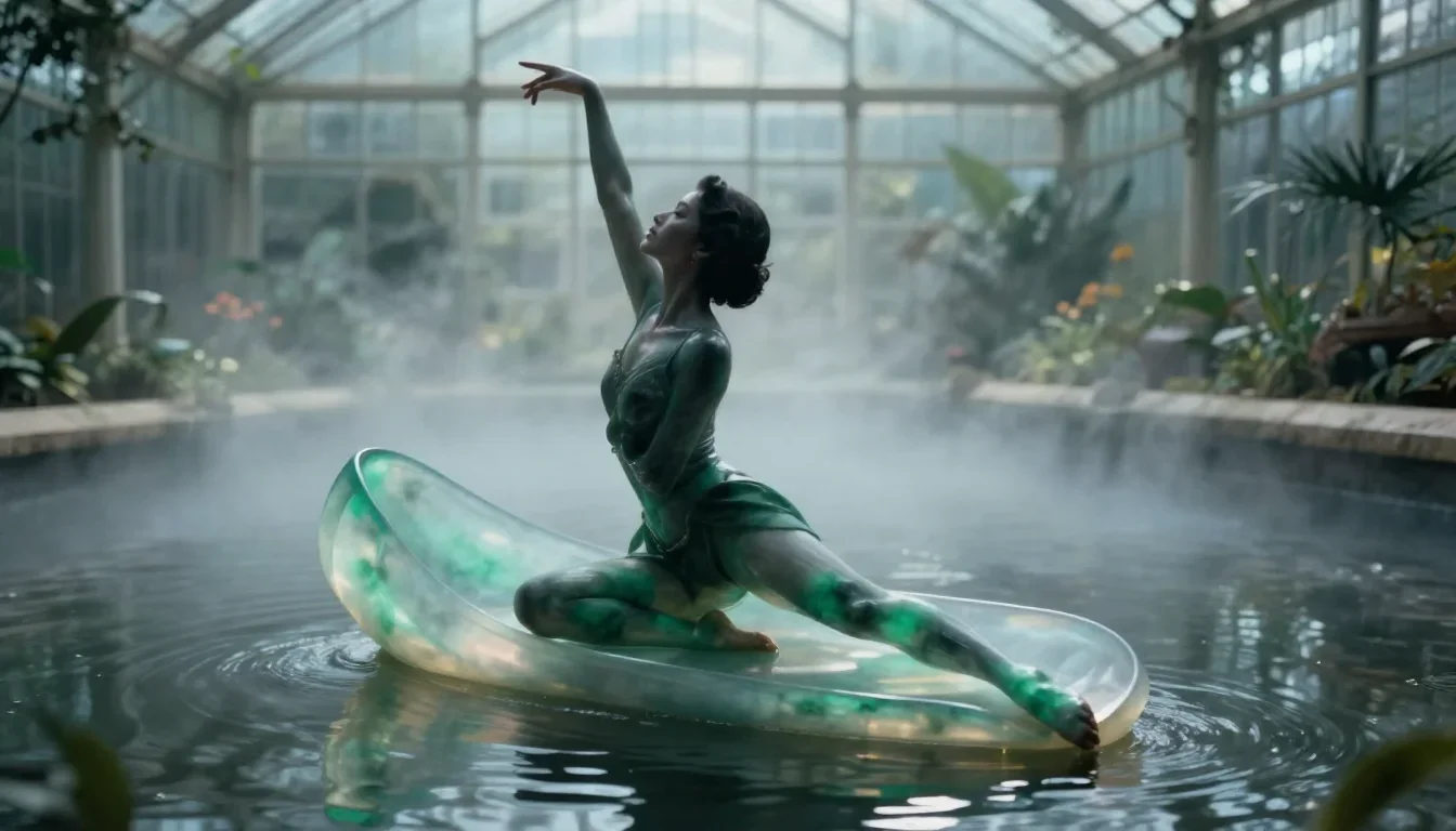 a siren at the waterline in a translucent slip in a graceful contrapposto pose, in a greenhouse humid with mist, Wong Ka