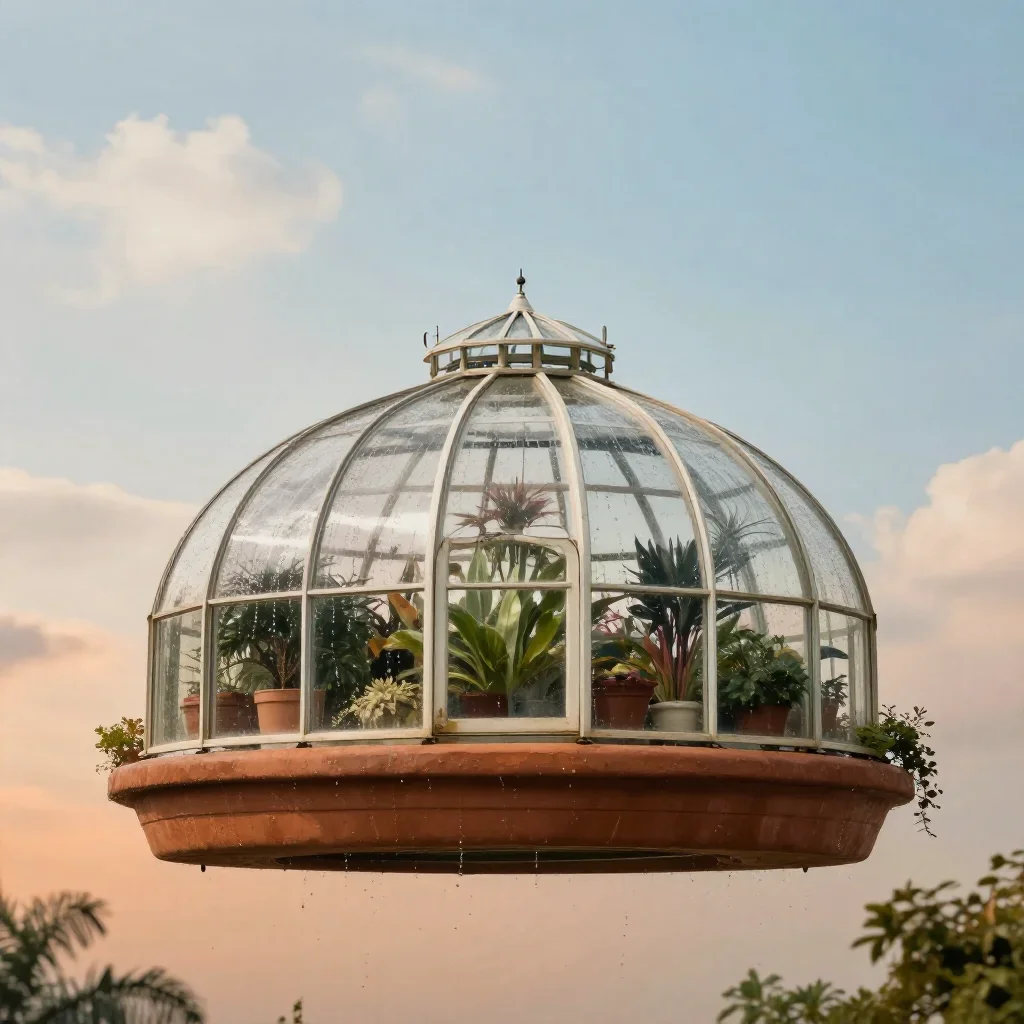a floating botanical conservatory after warm summer rain, refined editorial travel photography, restrained color harmony