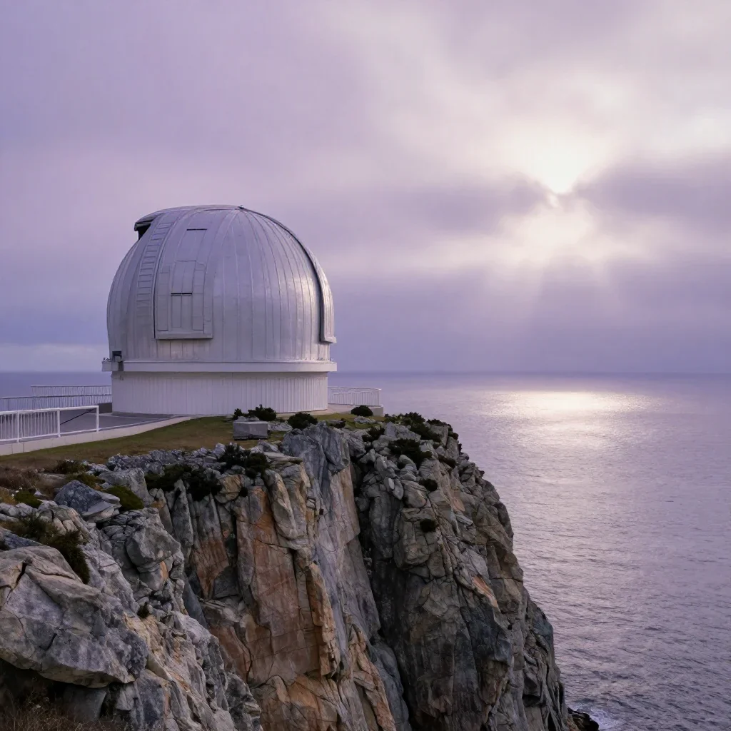 a cliffside observatory under overcast coastal light, high-end design magazine photography, gentle reflected light, lave
