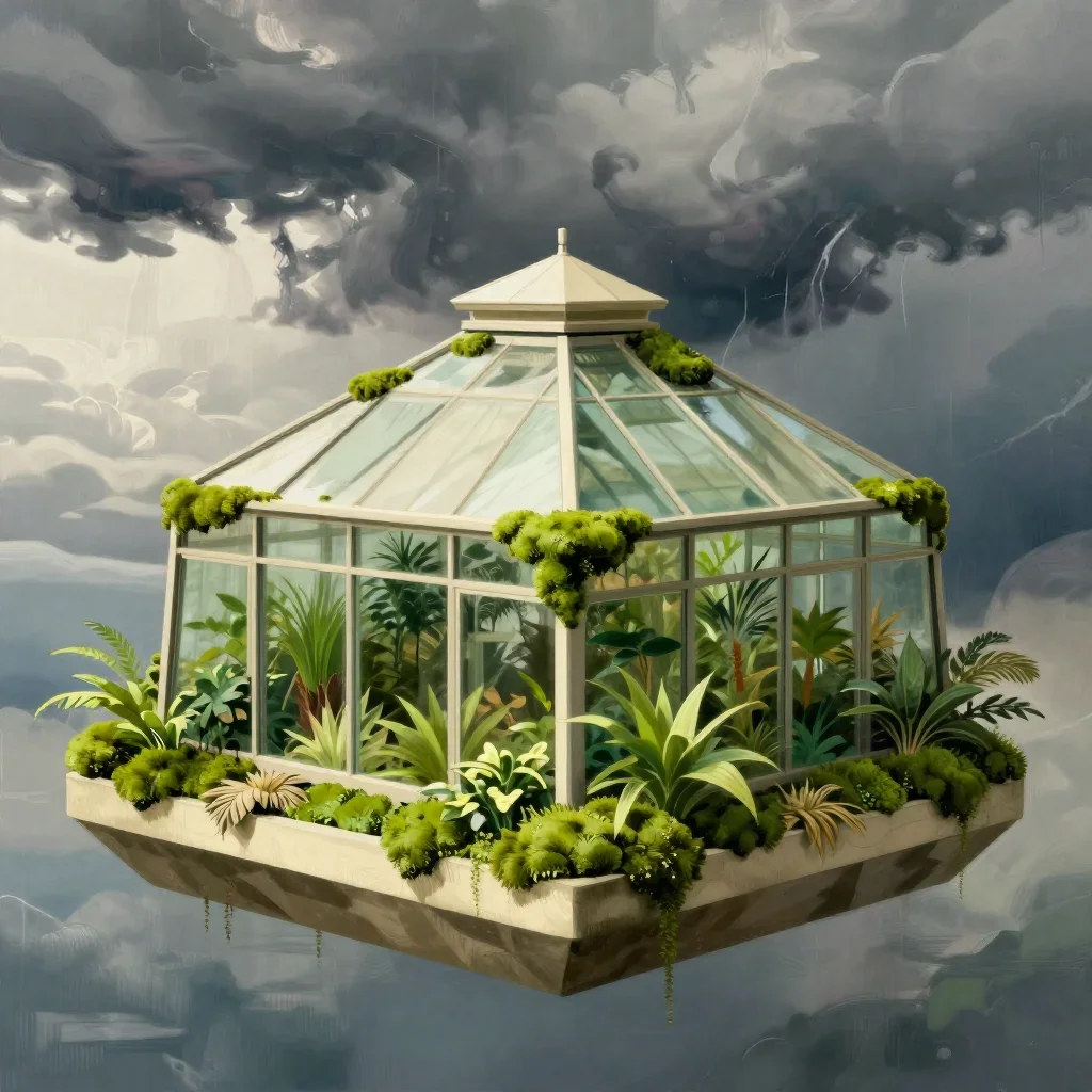 a floating botanical conservatory after a distant thunderstorm, contemporary botanical illustration, careful geometric c