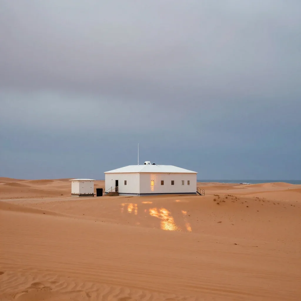 a desert research station under overcast coastal light, dreamlike fine-art landscape photography, gentle reflected light
