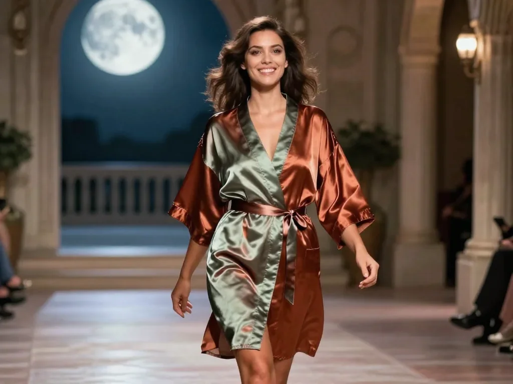 a smiley lounge singer in a satin robe in a confident cinematic stride, in a moonlit palace courtyard, high-fashion runw