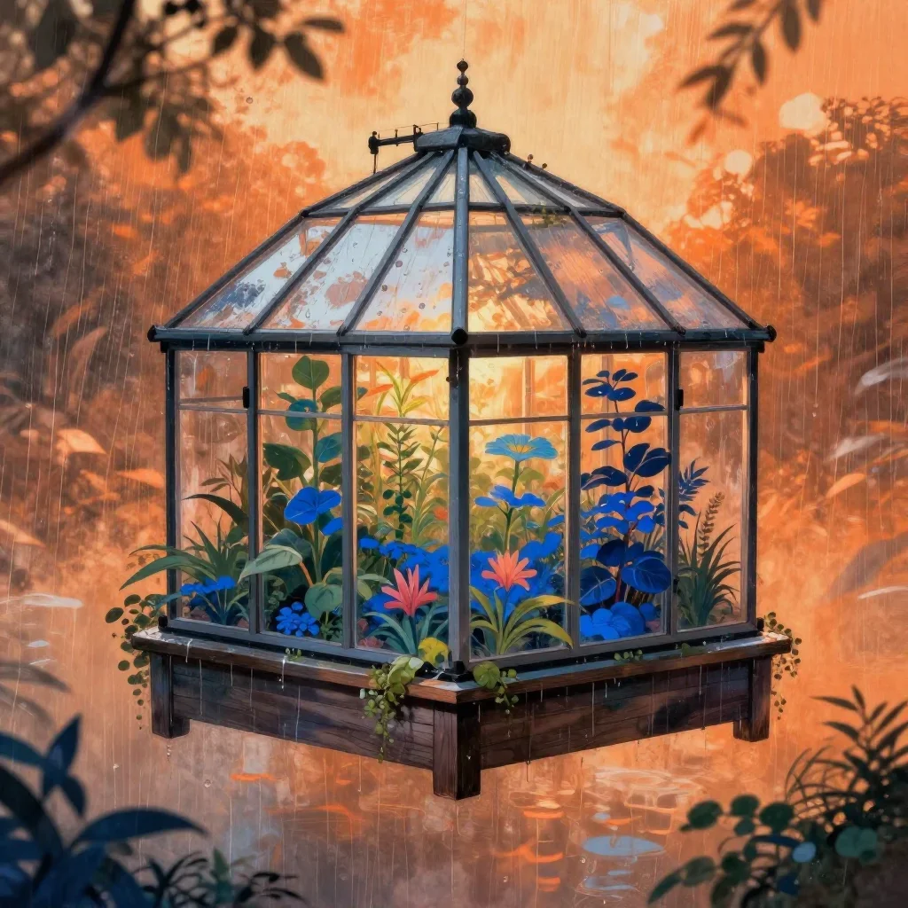 a floating botanical conservatory after warm summer rain, Japanese woodblock-inspired editorial art, soft volumetric lig