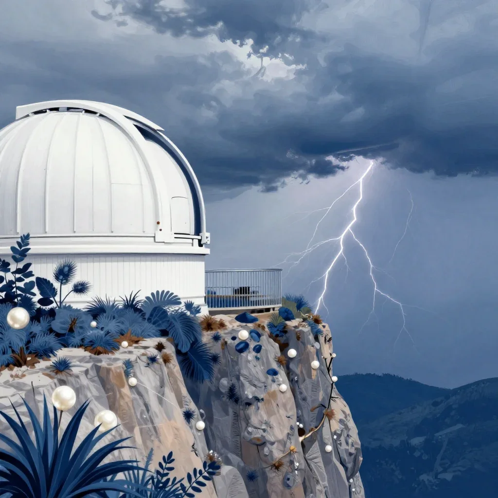 a cliffside observatory after a distant thunderstorm, contemporary botanical illustration, clean natural textures, indig