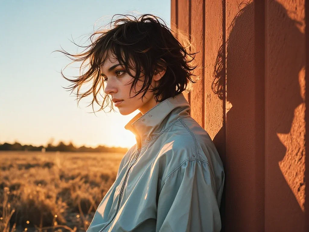 a streetwear influencer with wet-look hair in a wind-swept lean against a wall, in a backlit golden-hour field, futurist