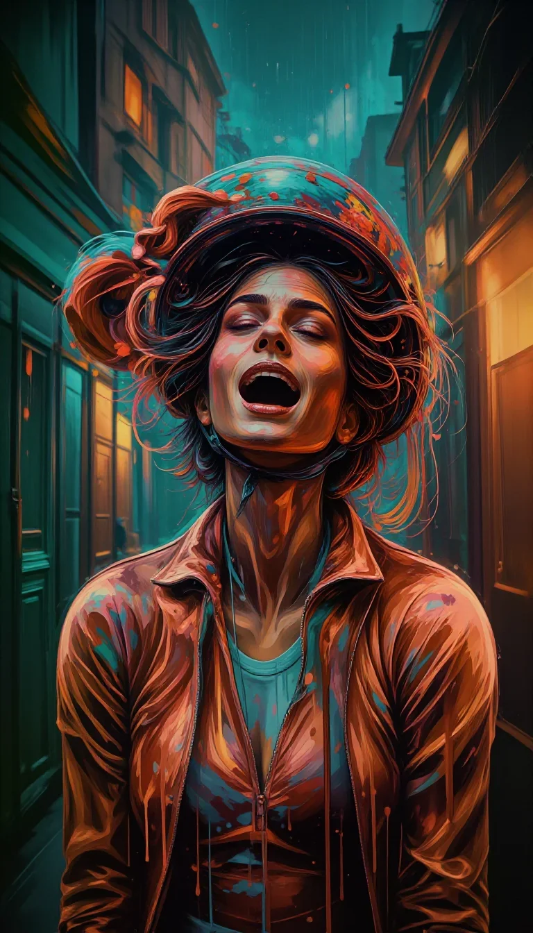 a rider removing a helmet, flushed and windblown in a deep breath with eyes closed, in a rain-slick neon alley, Vogue-st
