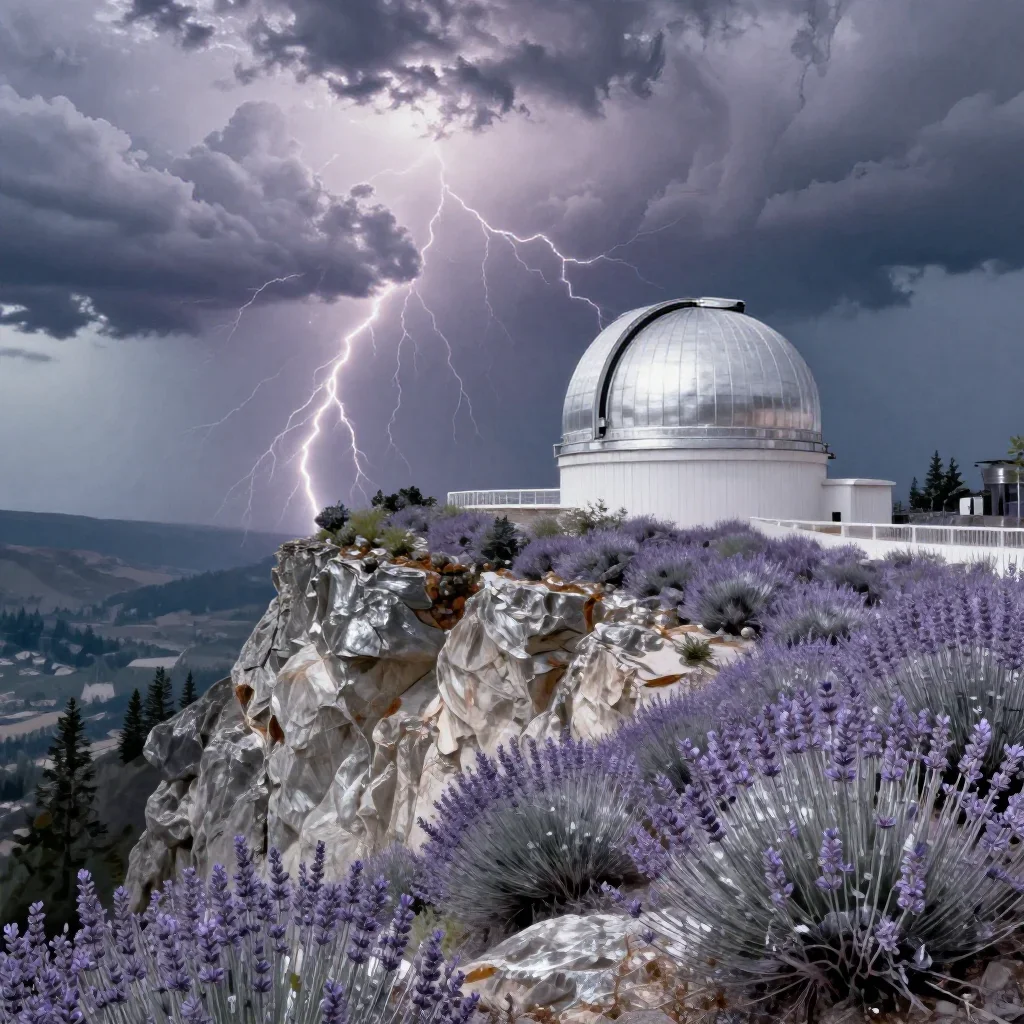 a cliffside observatory after a distant thunderstorm, contemporary botanical illustration, subtle film grain, lavender a