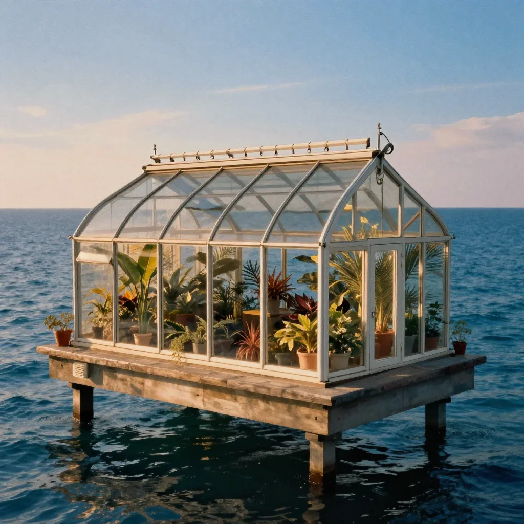 a floating botanical conservatory in a gentle sea breeze, museum-quality still-life photography, subtle film grain, coba