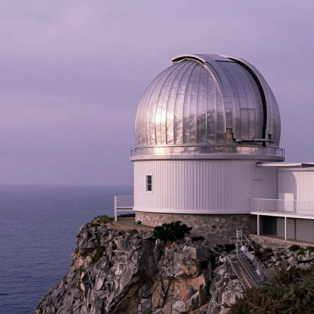 a cliffside observatory under overcast coastal light, cinematic architectural photography, gentle reflected light, lavender and silver palette, no people, no text, no logo, no watermark
