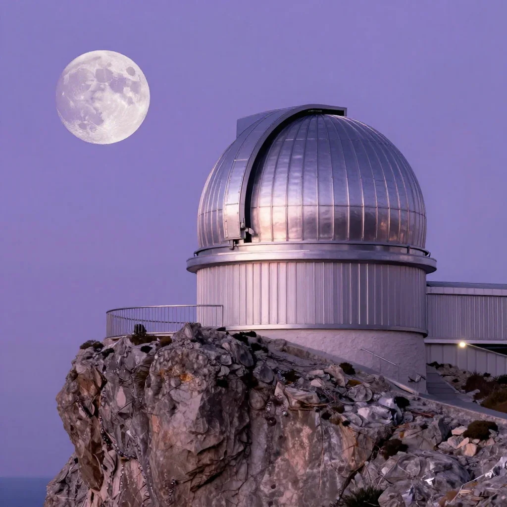 a cliffside observatory at moonrise, cinematic architectural photography, soft volumetric light, lavender and silver pal