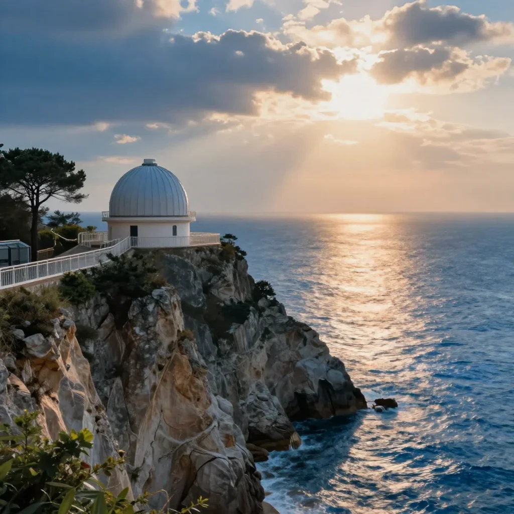 a cliffside observatory in a gentle sea breeze, refined editorial travel photography, gentle reflected light, cobalt and