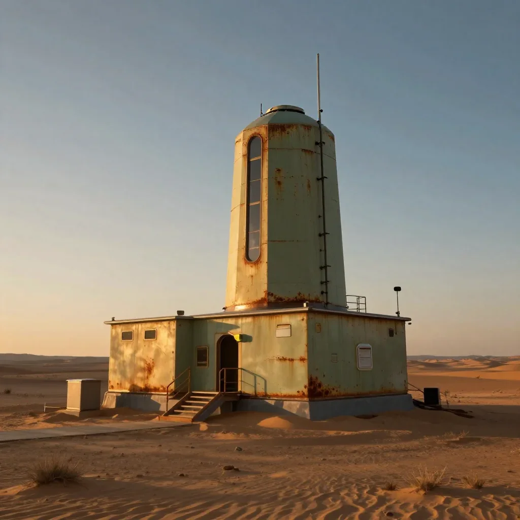 a desert research station during golden hour, quiet science-fiction concept art, crisp material detail, rust and sage pa