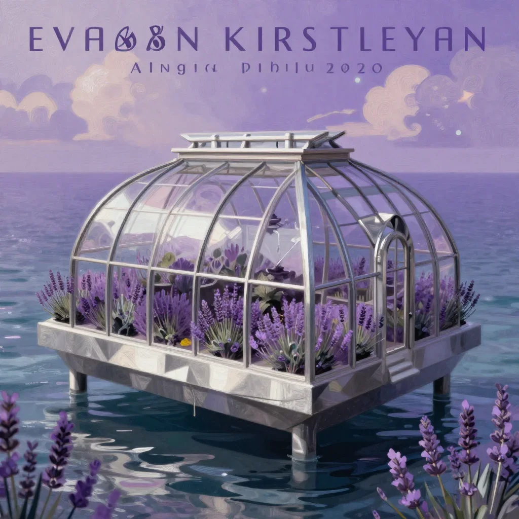 a floating botanical conservatory in a gentle sea breeze, modernist poster illustration, careful geometric composition,