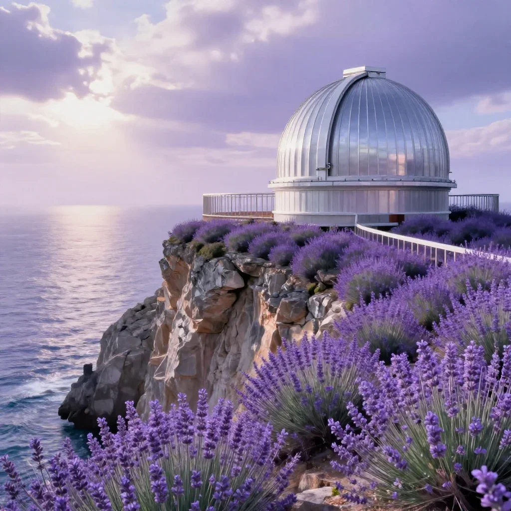 a cliffside observatory in a gentle sea breeze, dreamlike fine-art landscape photography, soft volumetric light, lavende