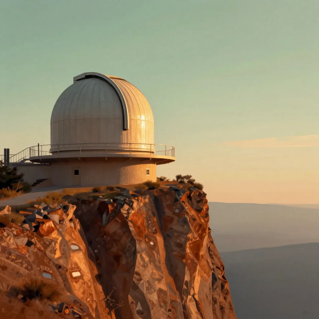 a cliffside observatory during golden hour, modernist poster illustration, restrained color harmony, rust and sage palet