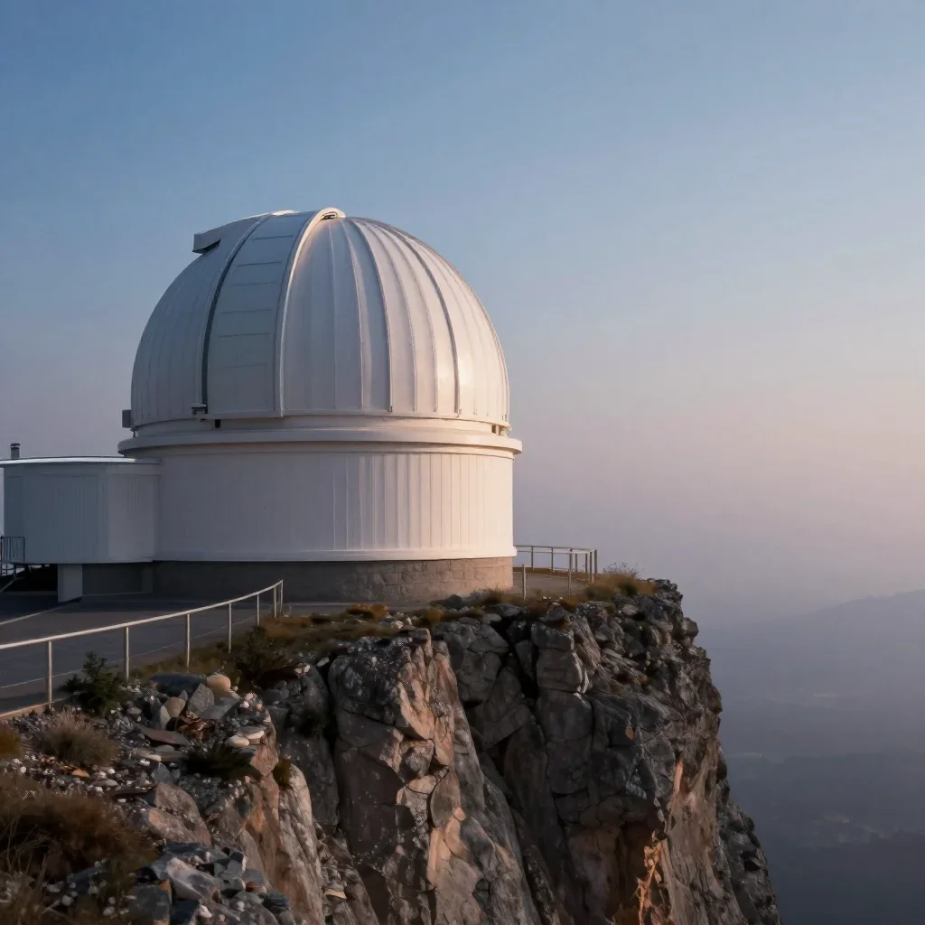 a cliffside observatory in quiet late-afternoon haze, cinematic architectural photography, soft volumetric light, indigo