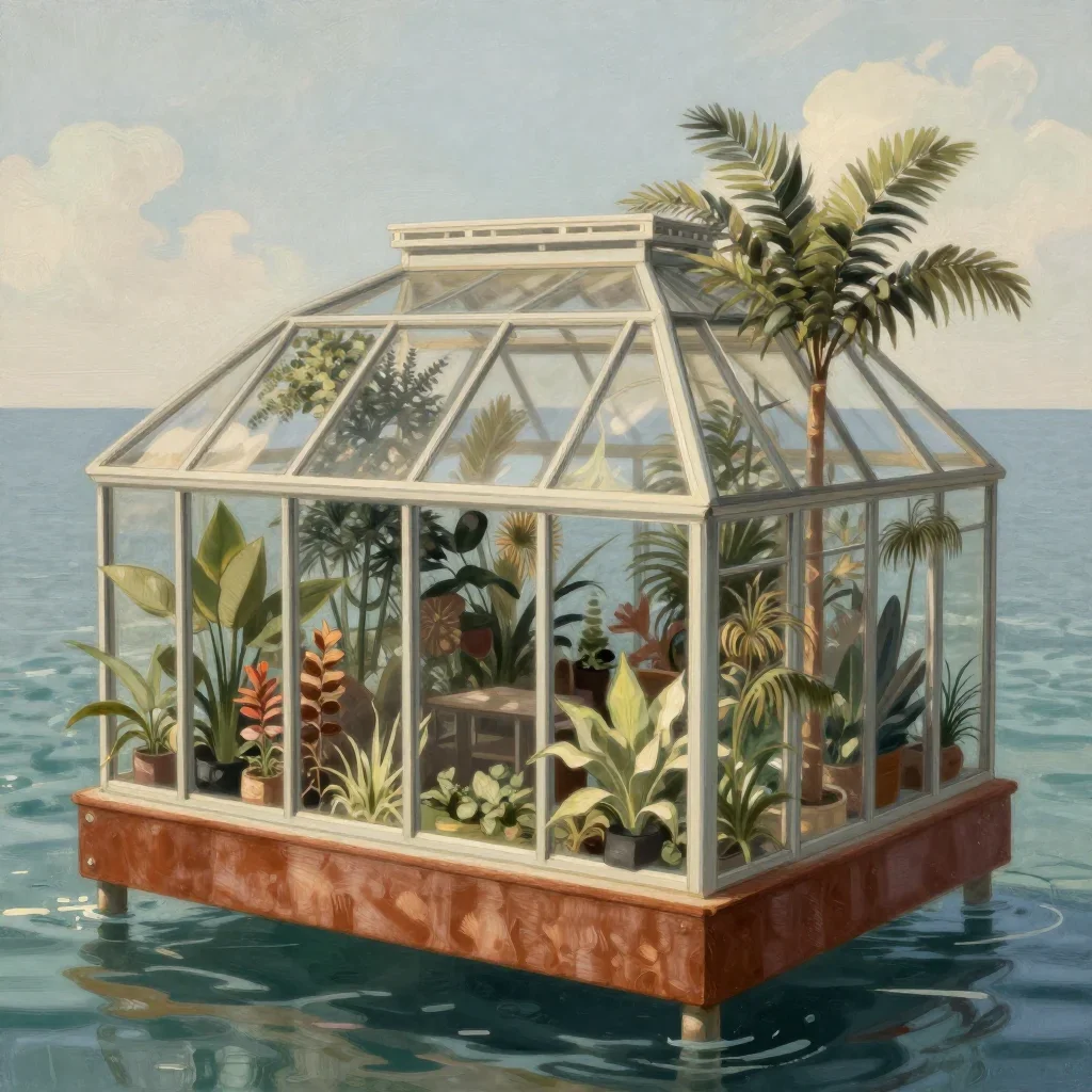 a floating botanical conservatory in a gentle sea breeze, contemporary botanical illustration, soft volumetric light, ru