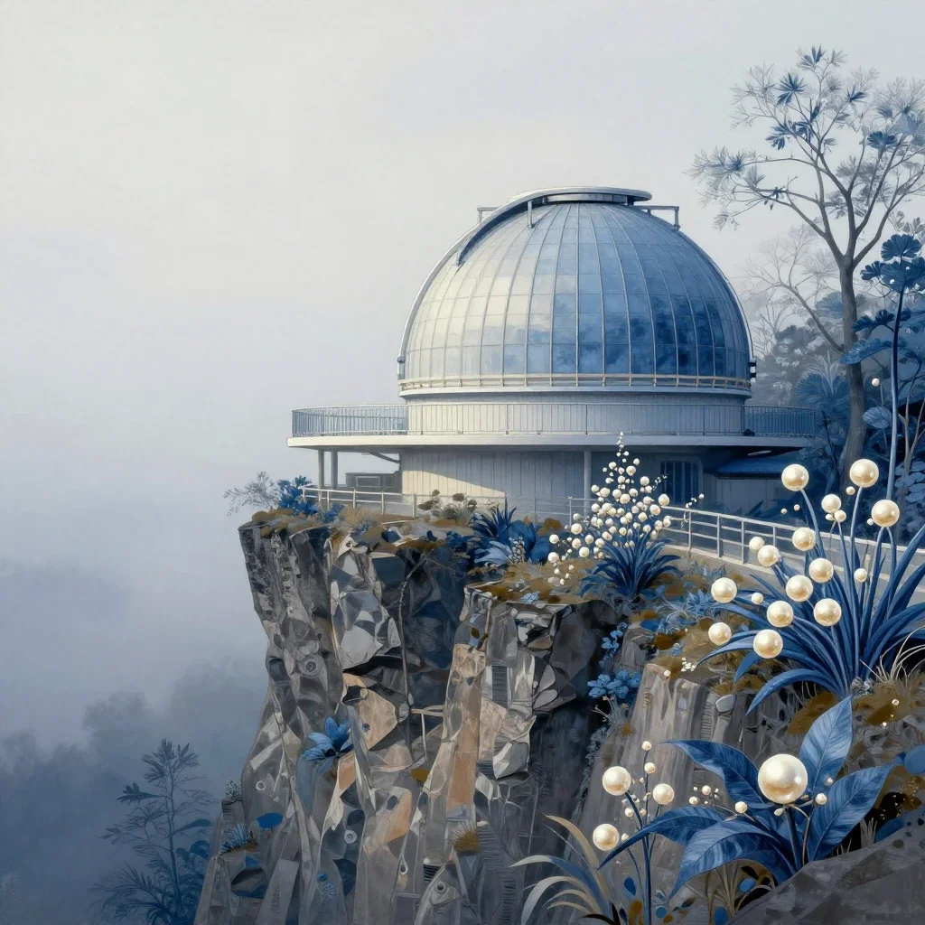 a cliffside observatory in early spring mist, contemporary botanical illustration, careful geometric composition, indigo