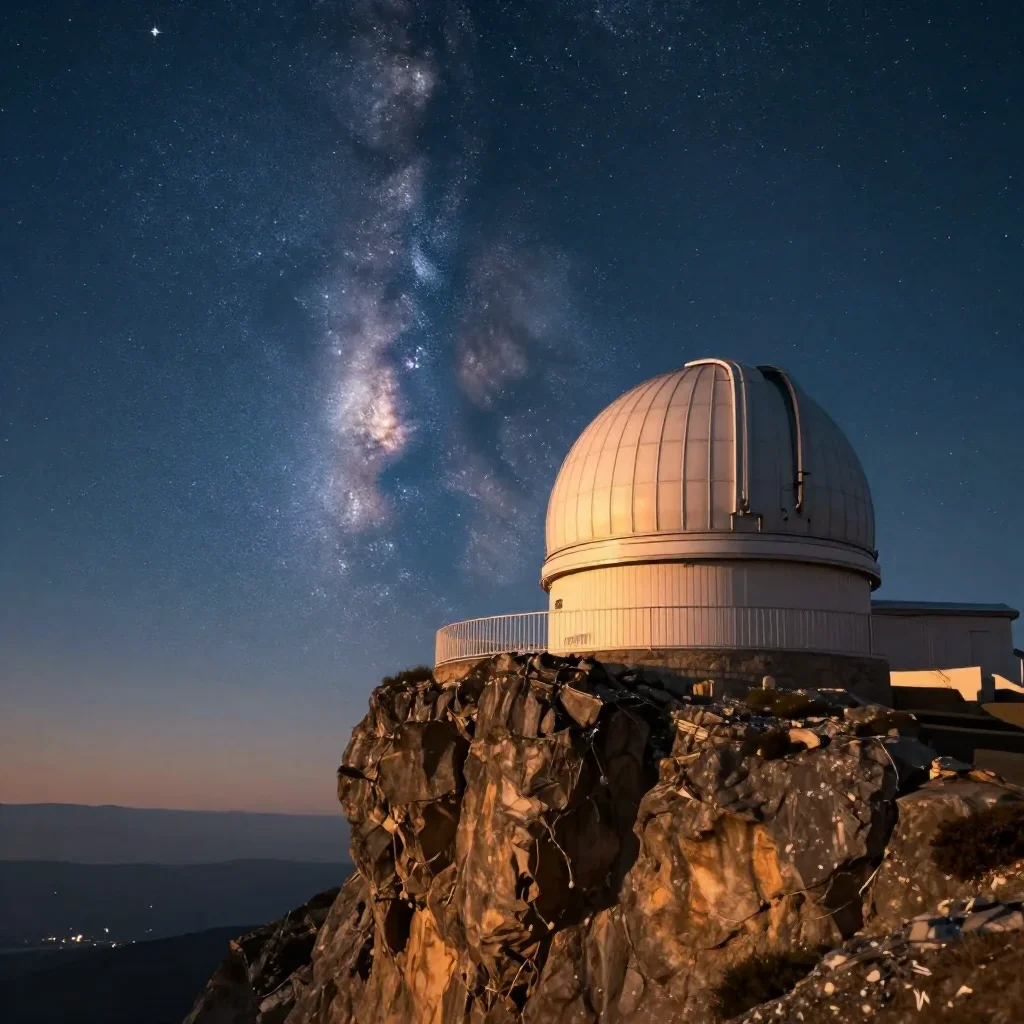 a cliffside observatory beneath a star-filled sky, dreamlike fine-art landscape photography, gentle reflected light, cob