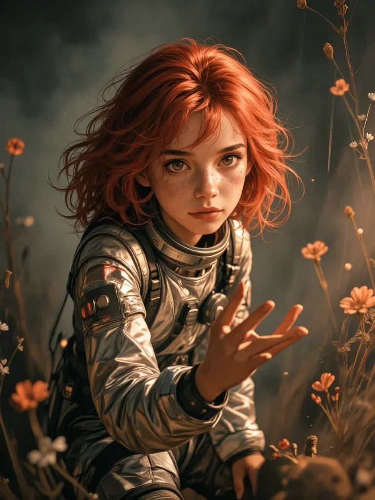 an astronaut in a reflective bodysuit among wildflowers in a gentle reach toward the lens, in a smoke-lit photo studio, neo-noir cinematic portrait, shallow depth of field, garnet and warm grey palette, no text, no lo...