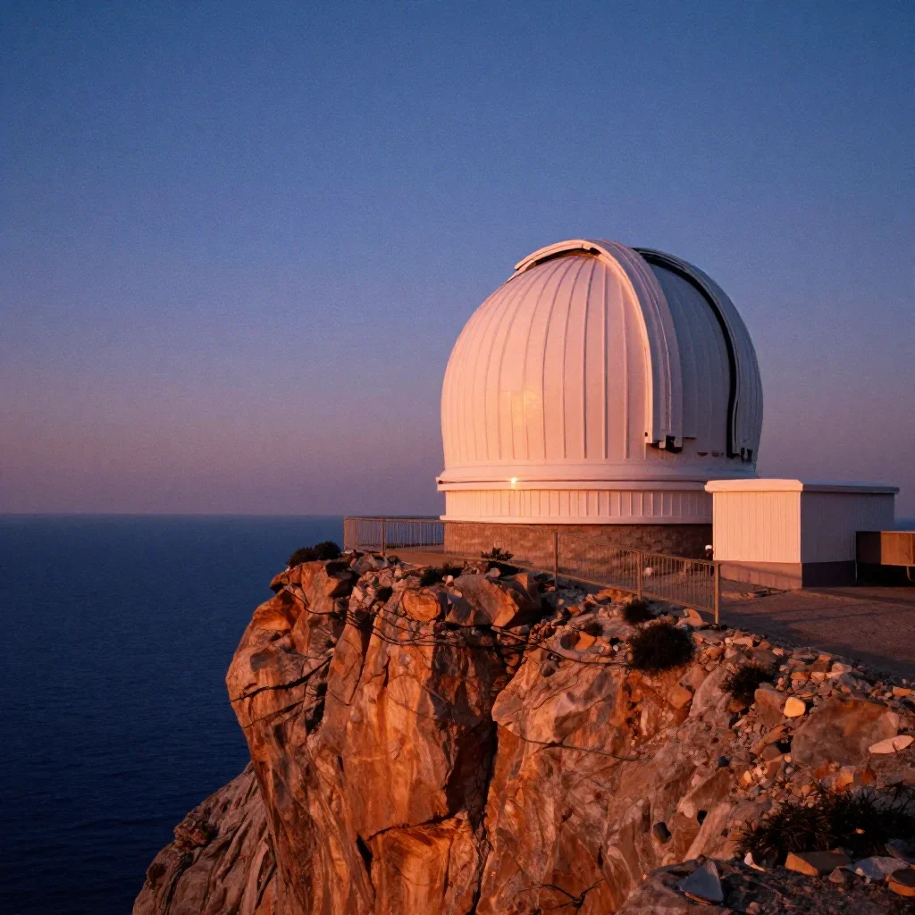 a cliffside observatory at blue hour, soft-grain analog film photography, subtle film grain, ochre and ultramarine palet