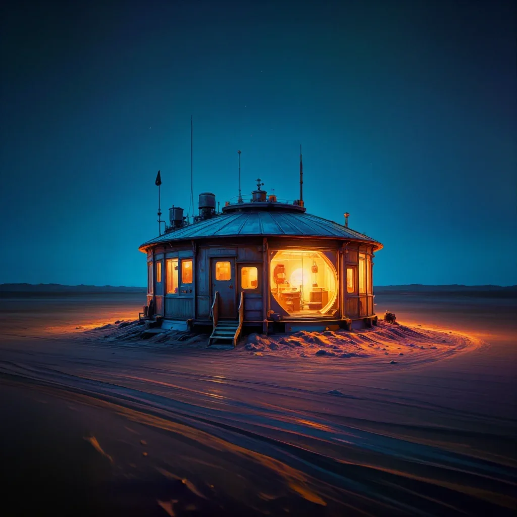 a desert research station at blue hour, refined editorial travel photography, restrained color harmony, cobalt and amber