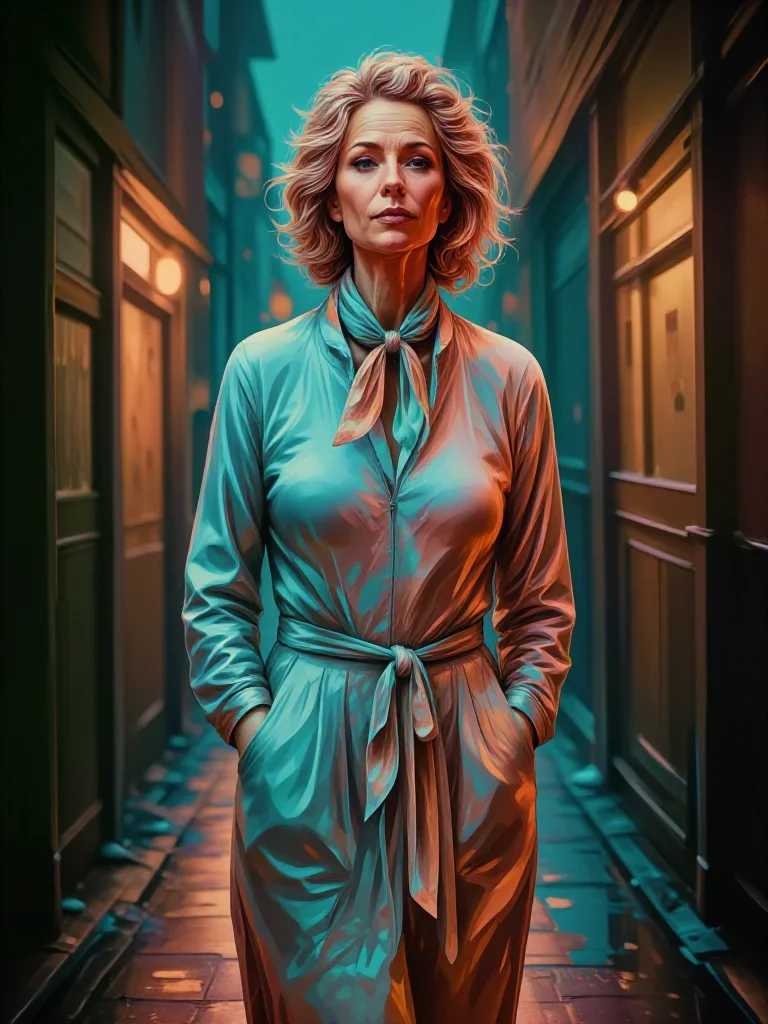 an elegant older stateswoman in a silk scarf standing tall with hands in pockets, in a rain-slick neon alley, Vogue-styl