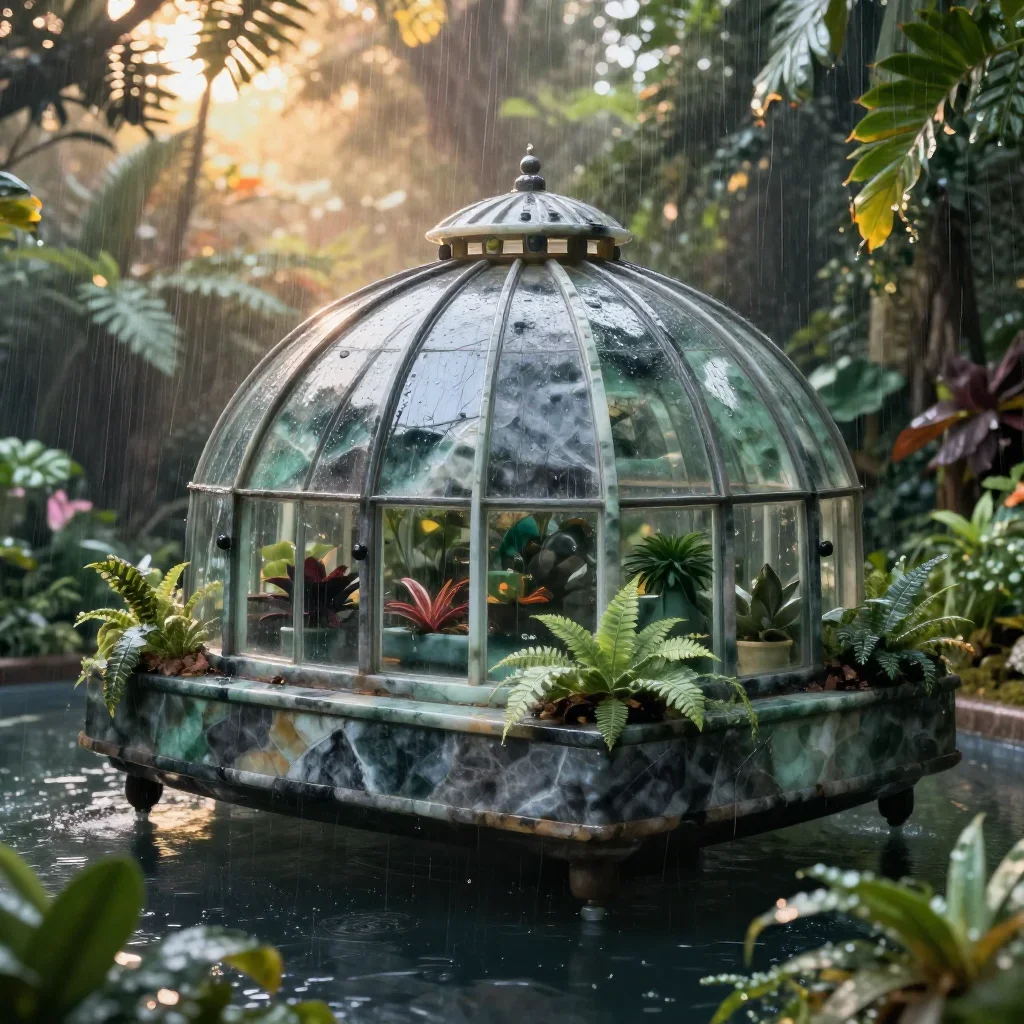 a floating botanical conservatory after warm summer rain, dreamlike fine-art landscape photography, crisp material detai