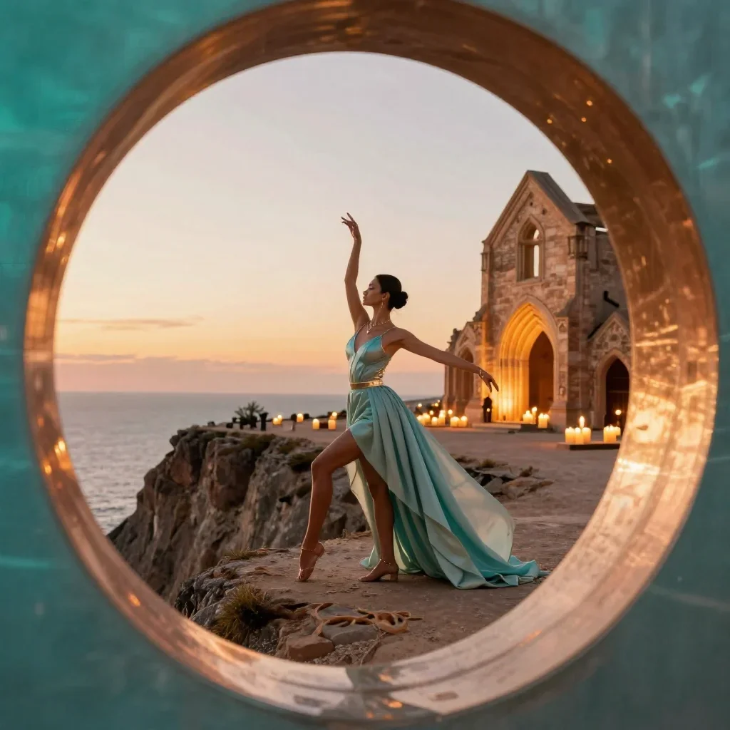 a travel influencer posing on a cliffside at golden hour in a graceful contrapposto pose, in a candle-lit cathedral ruin