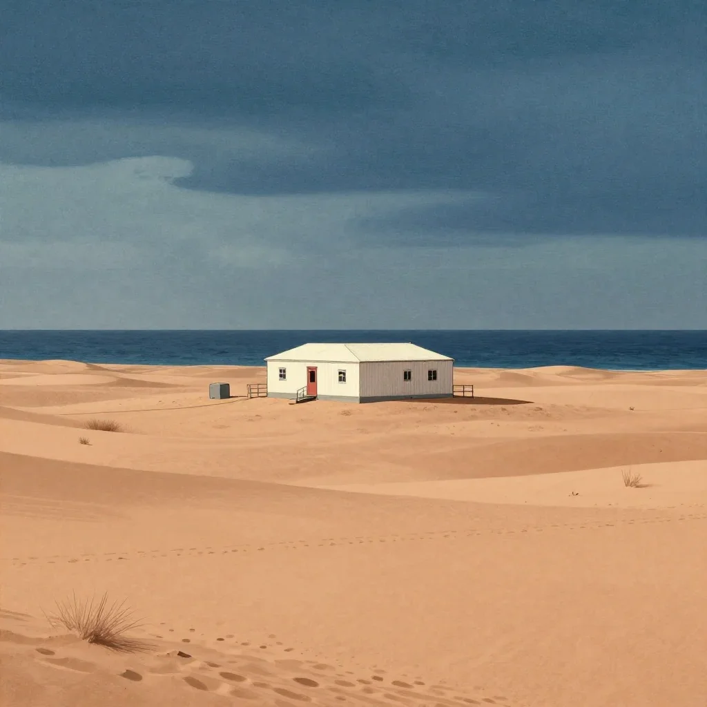 a desert research station under overcast coastal light, Japanese woodblock-inspired editorial art, calm negative space, 