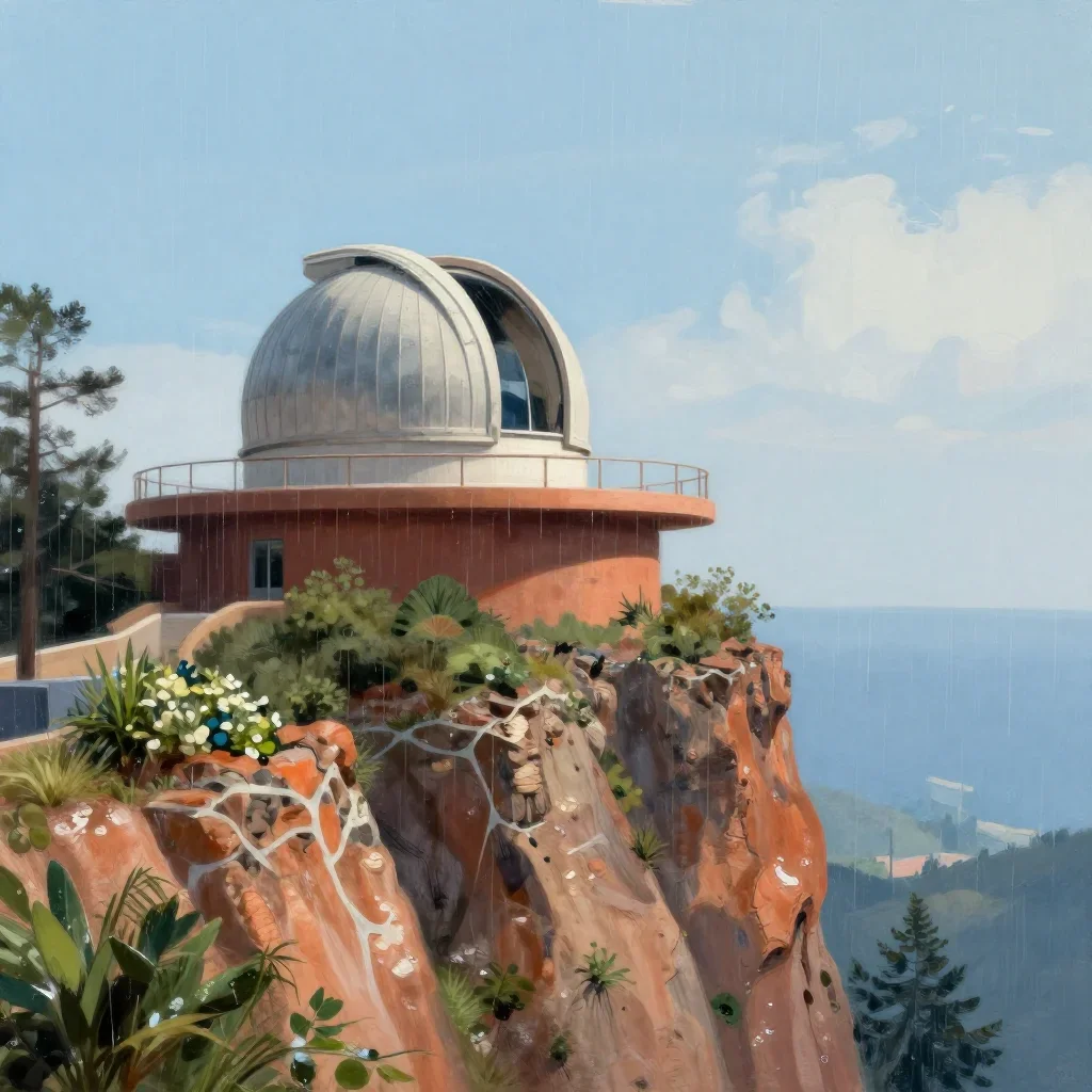 a cliffside observatory after warm summer rain, contemporary botanical illustration, atmospheric depth, terracotta and p