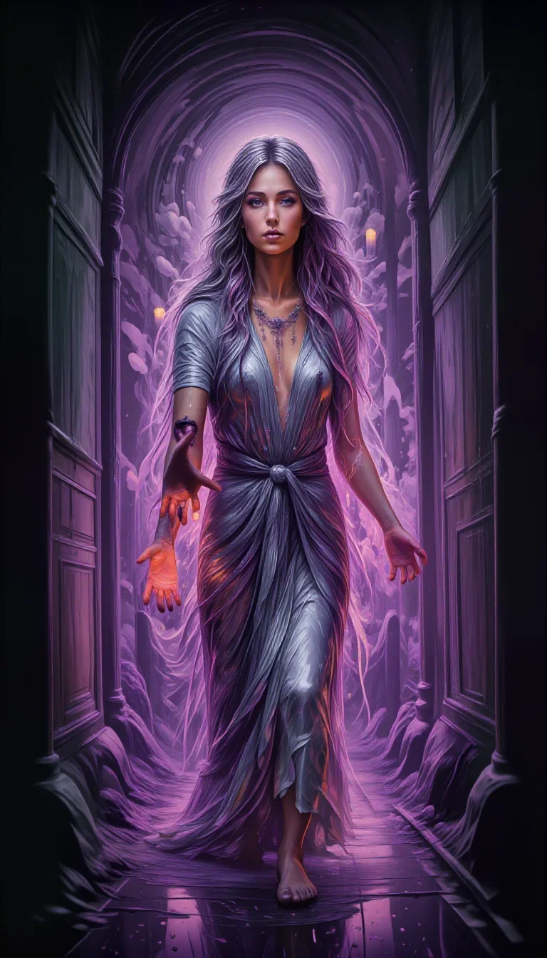 a celestial priestess with haloed candlelight in a gentle reach toward the lens, in a rain-slick neon alley, dreamlike f