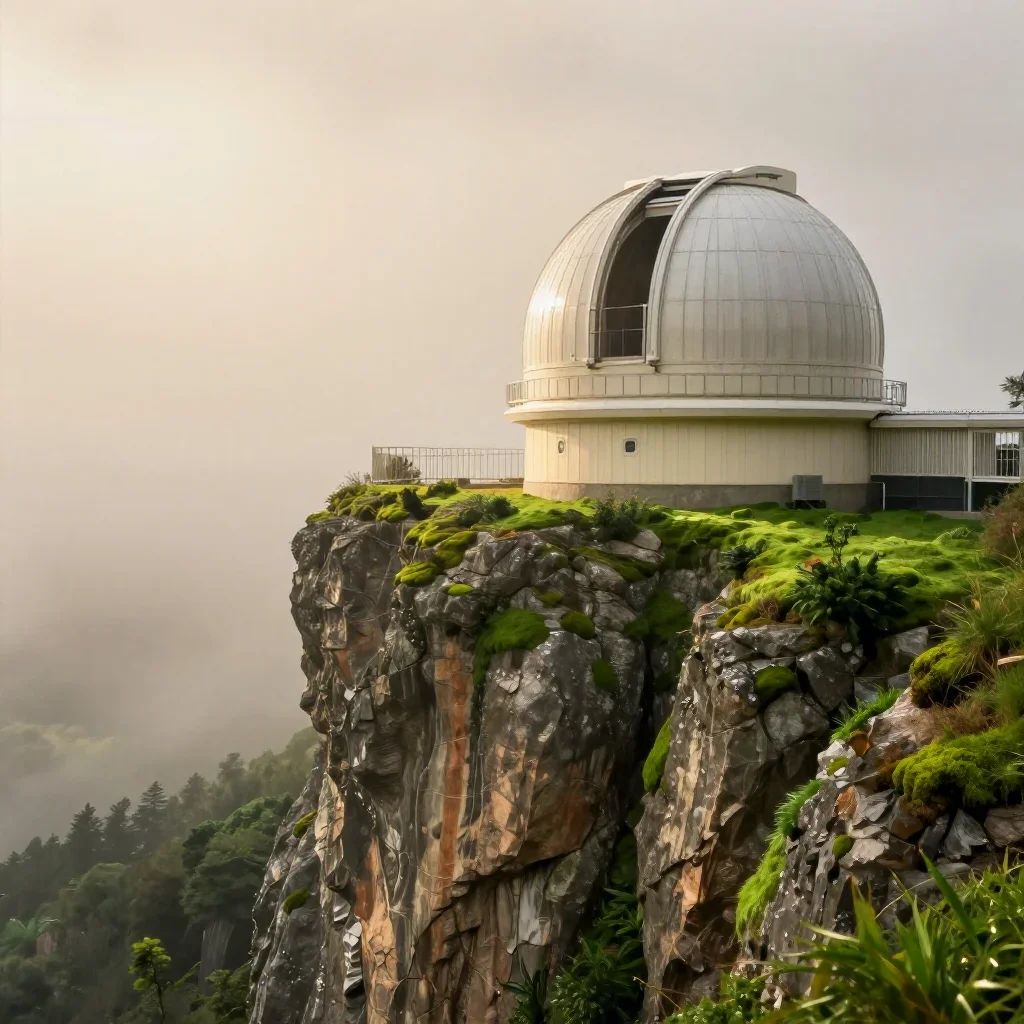 a cliffside observatory after warm summer rain, dreamlike fine-art landscape photography, soft volumetric light, moss gr